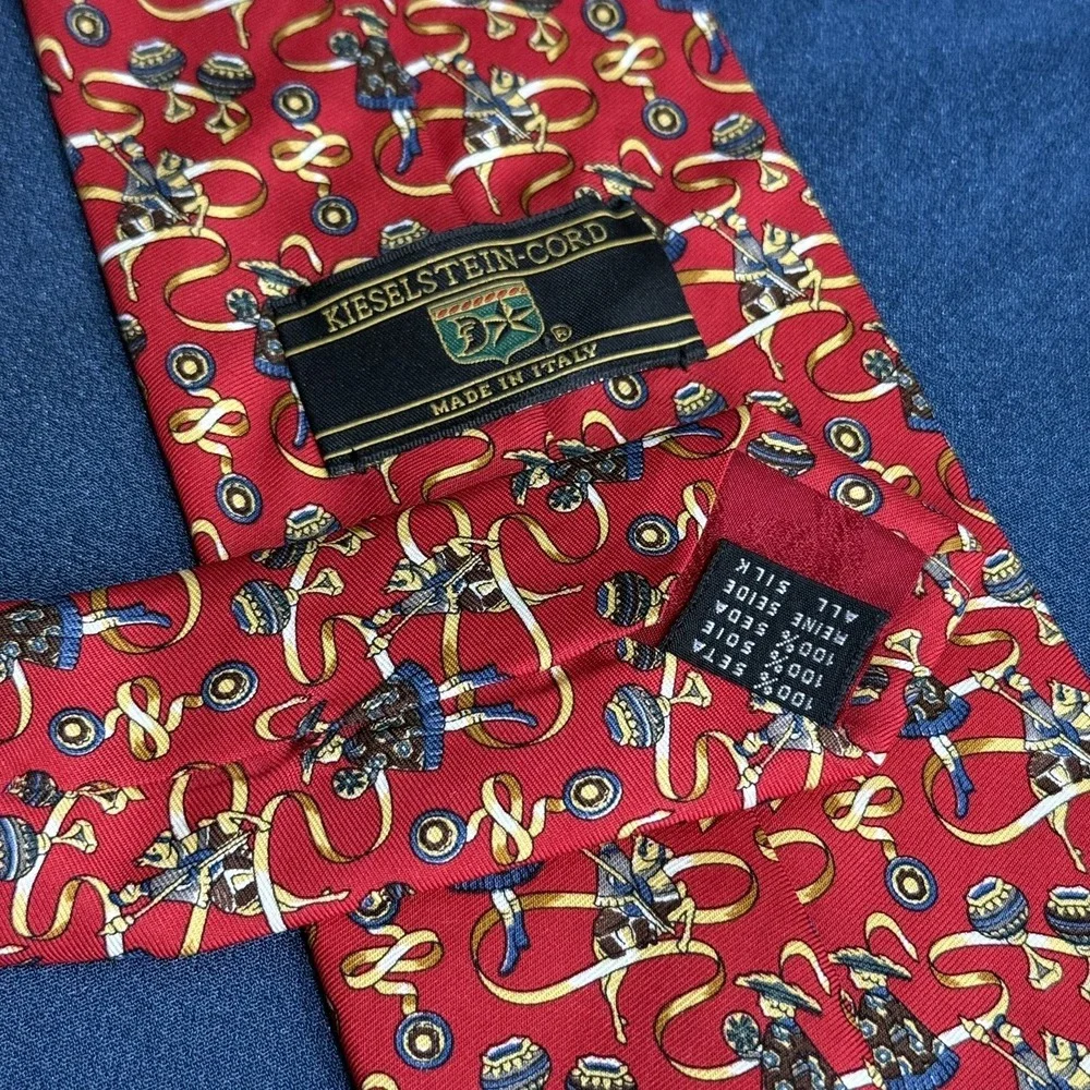 Kieselstein-Cord Silk Tie Red Medieval Musical Instruments Made Italy 4